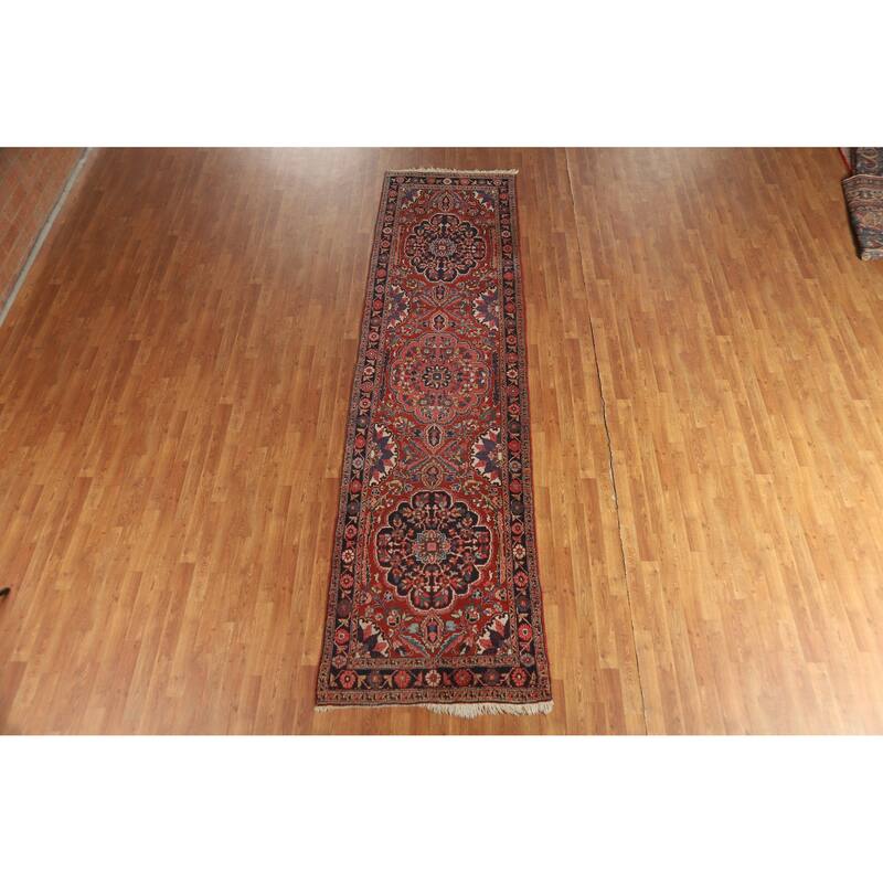 Hand Knotted Oriental 100% Wool Carpet Traditional Floral Red Heriz (serapi) Runner Rug - 12' 8'' X 3' 4''