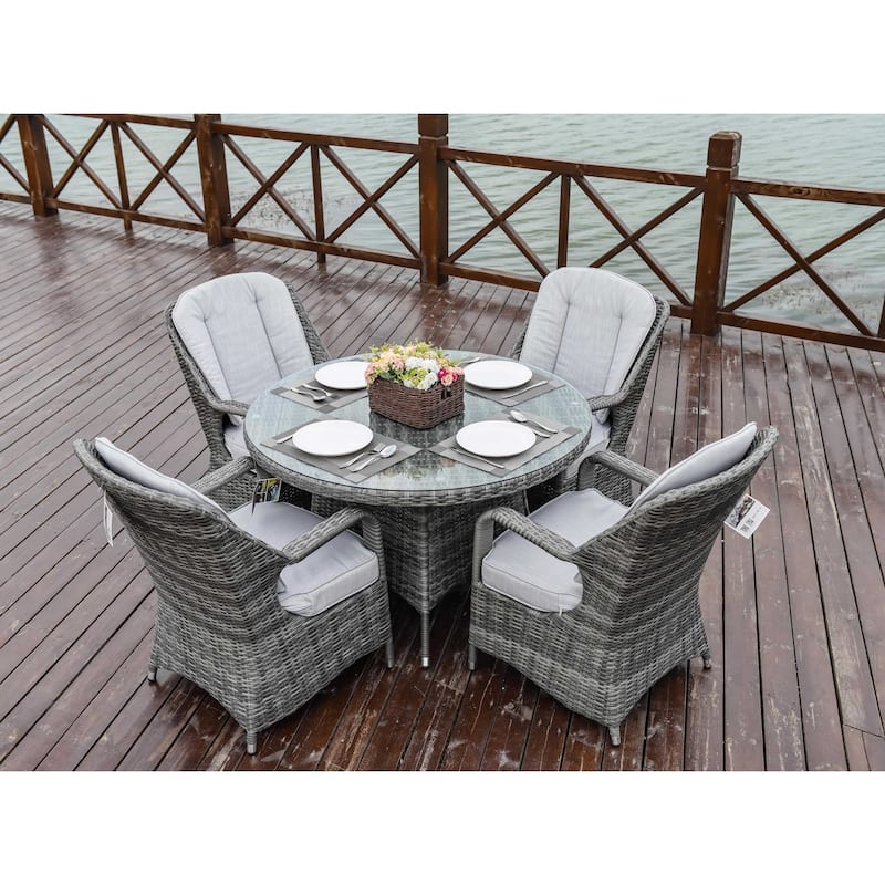 5-piece Patio Wicker Dining Set with Cushions Outdoor Furniture - Grey
