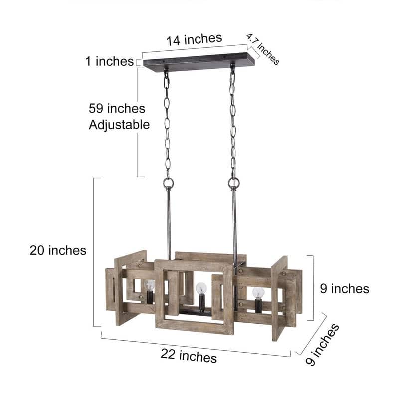 Loby Farmhouse 3-Light Solid Wood Small Chandelier Rustic Linear Kitchen Island Pendant Light - W 22" x D 9" x H 9"