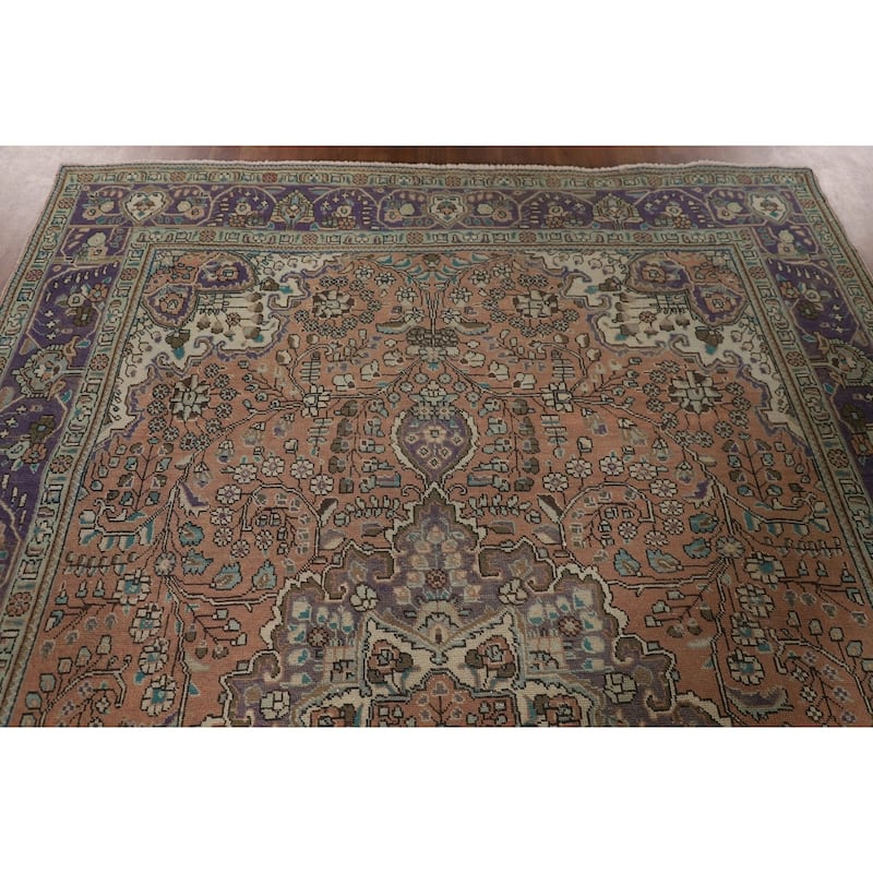 Floral Coral Tabriz Persian Vintage Area Rug Handmade Wool Carpet - 6'9"x 9'10"