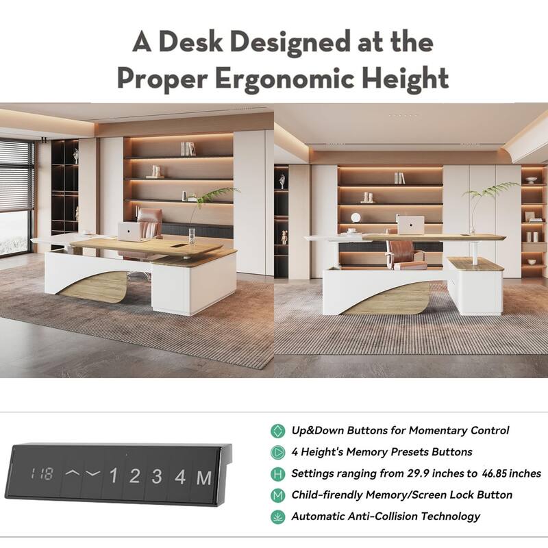 WESOME White Adjustable L Shaped Desk with LED Power Outlets, Electric Sit and Stand Desk