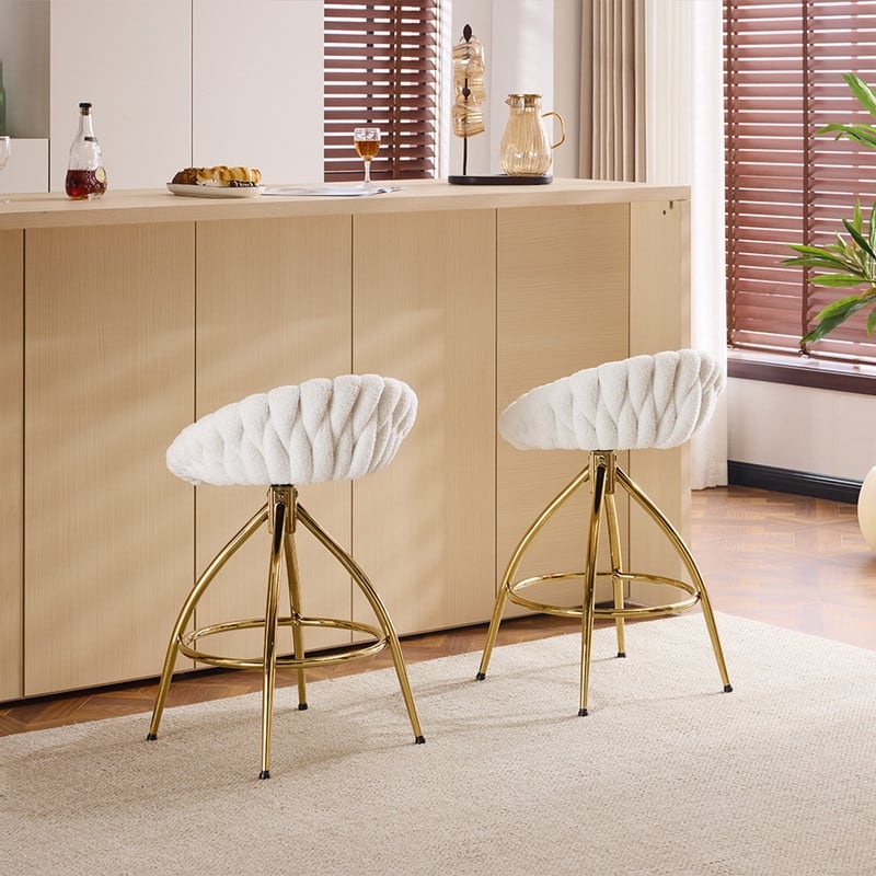 2 Piece Set of White Swivel Bar Stools with Teddy Fleece and Electro - Plated Gold Iron Legs - N/A