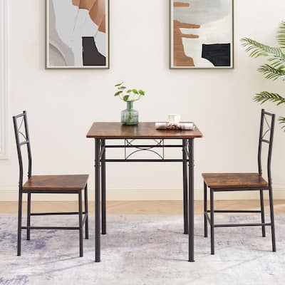 Brown 3-Piece Small Square Dining Table Set for Breakfast Nook Wood Bar Table with Chairs Set of 2 with Steel Frame