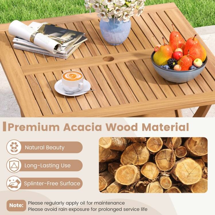 Natural Acacia Wood Square Folding Patio Table with Umbrella Hole - 36" x 36" x 29.5"
