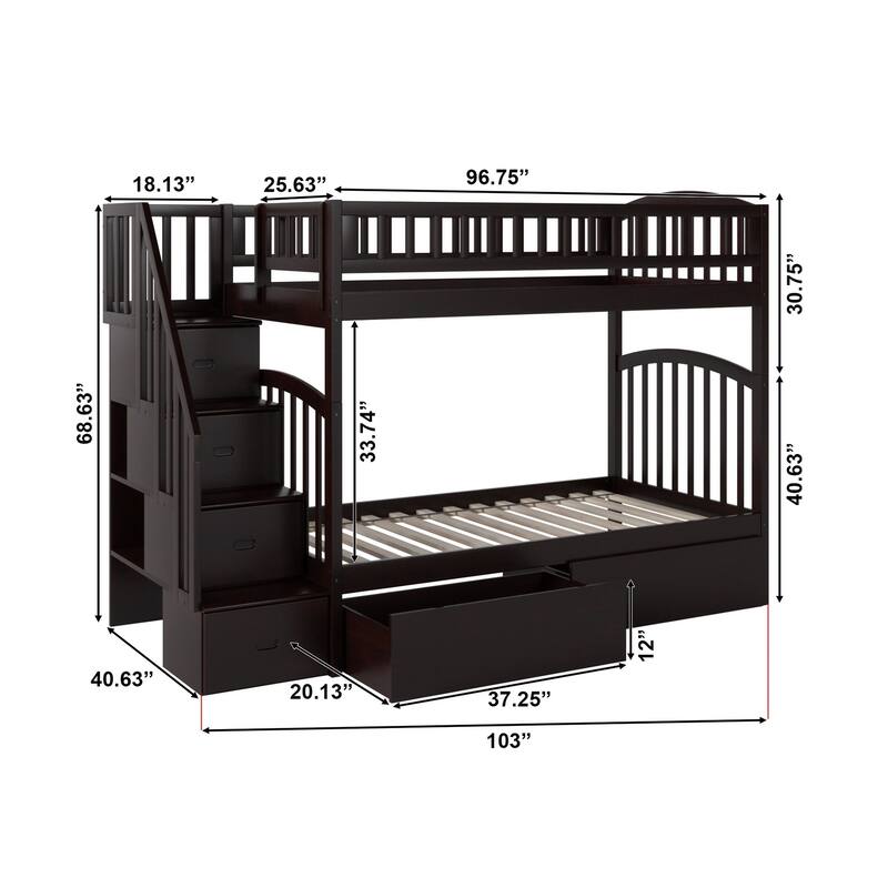 AFI Westbrook Twin over Twin Size Staircase Bunk Bed with Bed Drawers & Charging Station in Espresso