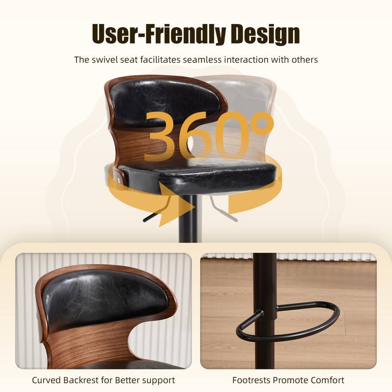 PU Leather Upholstered Curved Backrest 360° Swivel Adjustable Height Bar Stools with Footrest(set of 2)