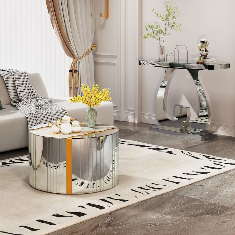 Marble pattern sticker Round Coffee Table, Cylindrical Silver Mirror with Gold Dust Finish, Modern Home Decor Table - Silver