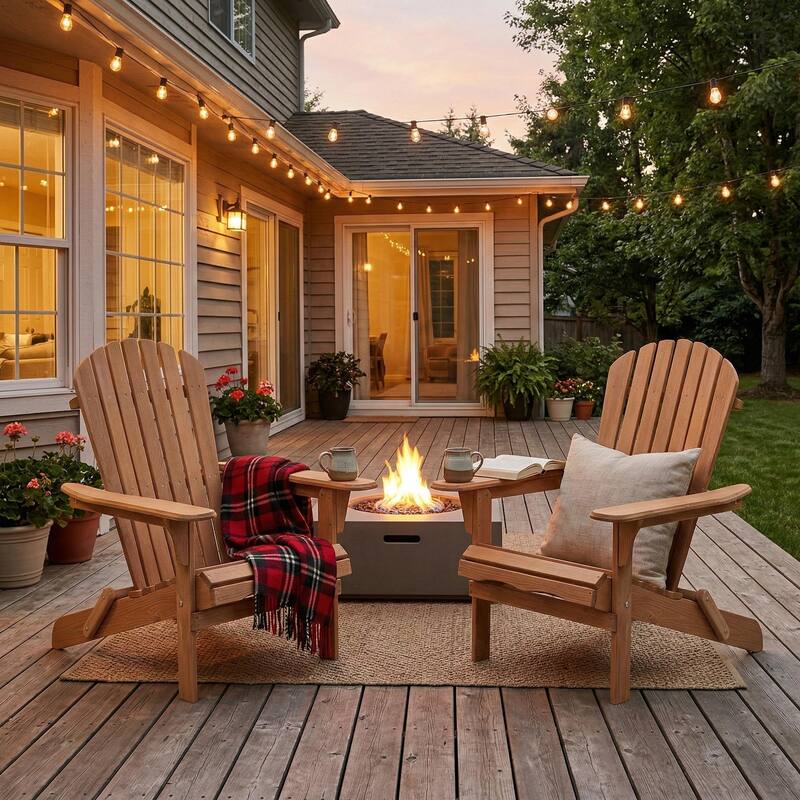 Anmytek Set of 2 Brushed Cedar Adirondack Chairs Solid Wood Outdoor Patio seating with Slatted Backrest and Wide Armrests