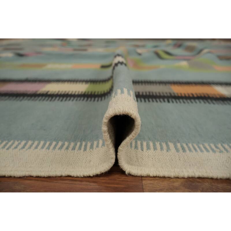 Hand Woven Oriental 100% Wool Carpet Southwestern Modern Navy Blue & Blues Kilim Area Rug - 9' 10'' X 9' 6''