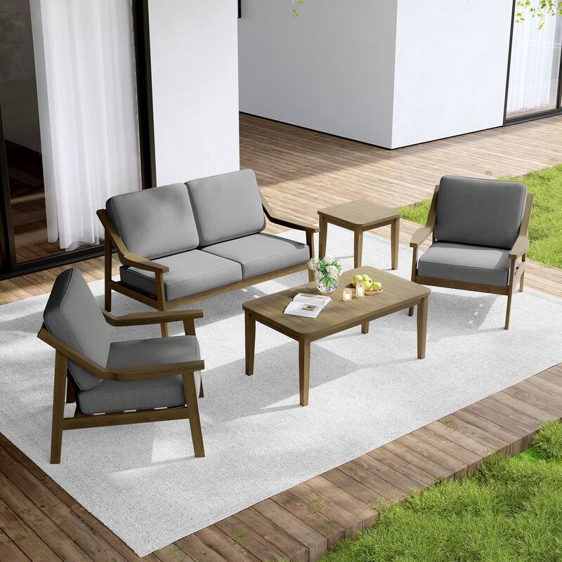 Outdoor Conversation Set Patio Cushioned Chair, Loveseat with Tables - Natural Wood - Grey