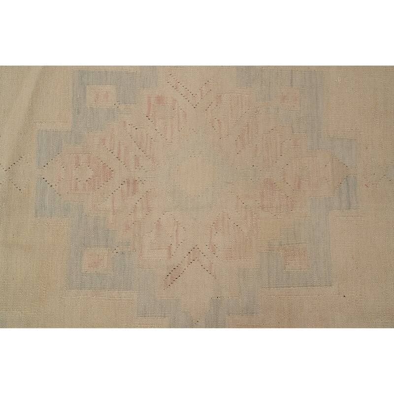 Hand Woven Oriental 100% Wool Carpet Southwestern Tribal Beige & Ivories Kilim Area Rug - 12' 9'' X 9' 9''