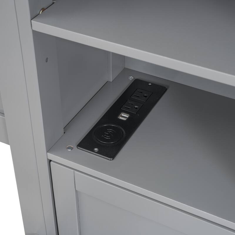 Platform Bed with Trundle Bed, Sockets & 2 Storage Drawers Underneath, Full Size Gray Bed Frame w/ All-in-One Cabinet & Shelf