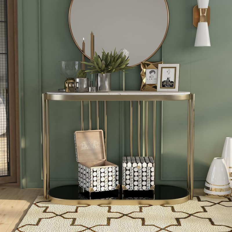 Roberts Glam Brass and White 42-inch Faux Marble 1-Shelf Drum Sofa Table by Furniture of America