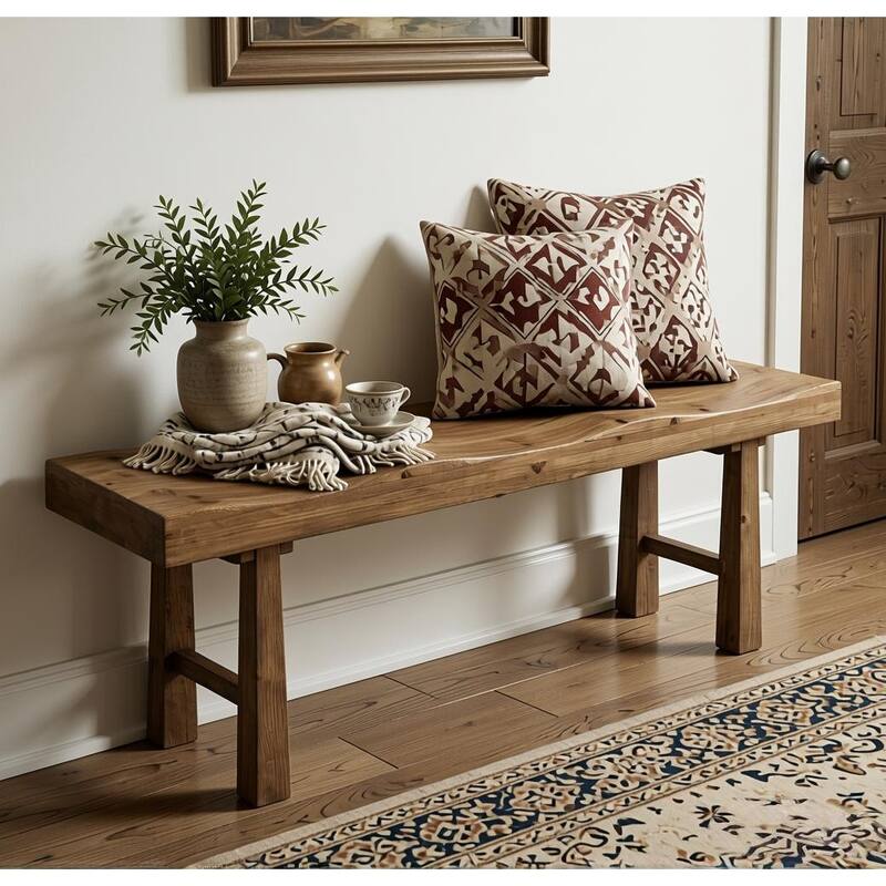 55" Rustic Solid Wood Entryway Bench, Wave-Top Design, Easy Assembly - Brown
