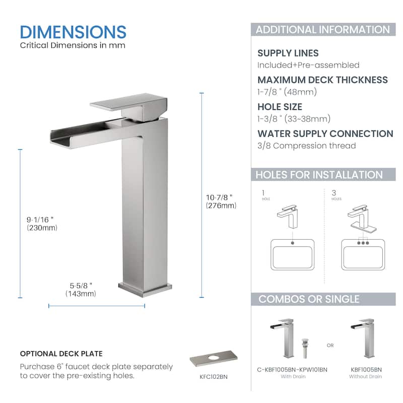 Waterfall Single Handle Bathroom Vessel Sink Faucet with Pop Up Drain