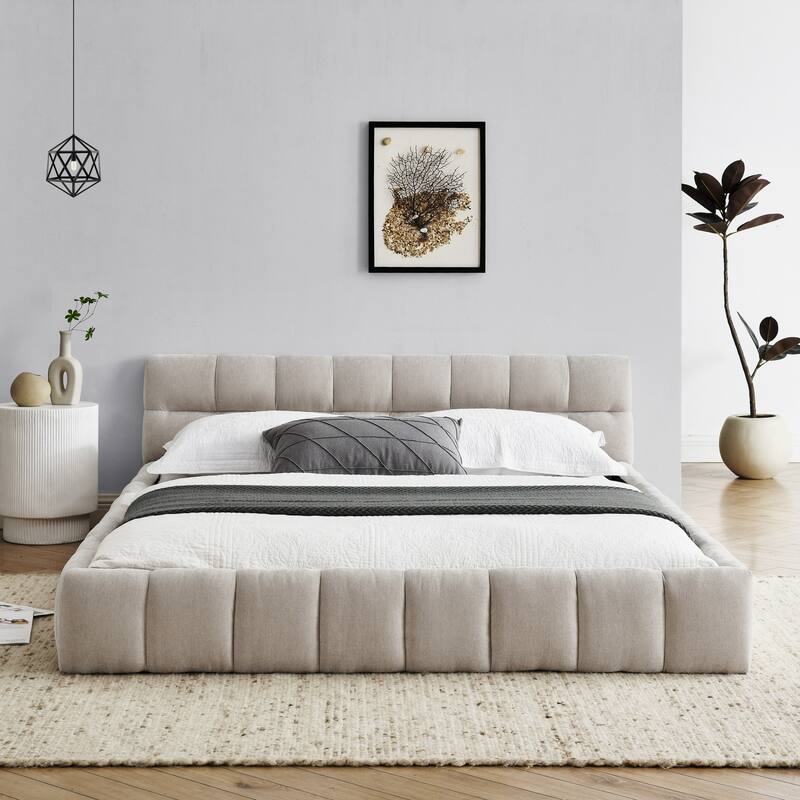 Chenille Fabric Grounded Queen Size Platform Bed with Headboard and Solid Frame