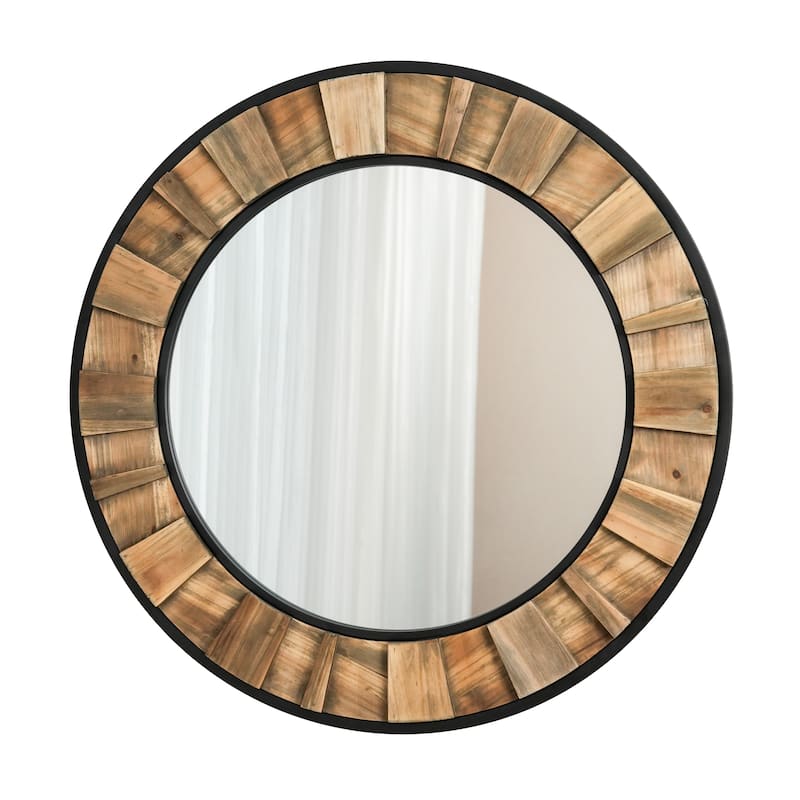 Round wooden and metal framed decorative mirror, in a modern art style, suitable for living rooms and entryways