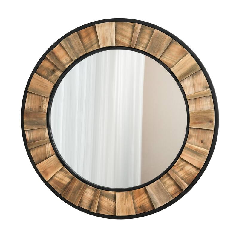 Rectangular wall-mounted mirror with a wood and metal frame, suitable for decorating living rooms and entryways