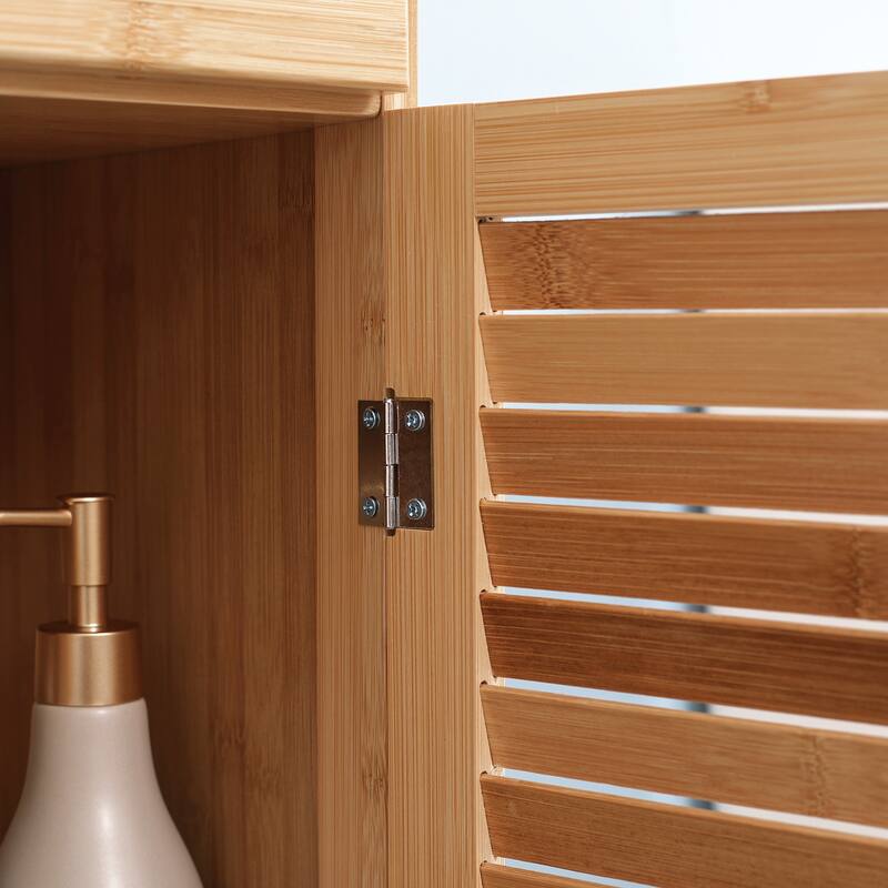 kleankin Tall Bathroom Cabinet with Drawer and Slatted Shelves, Slim Bamboo Linen Tower with Louvered Door