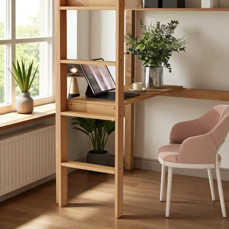 Twin Size Wooden High Loft Bed with Built-in Desk and Ladder, Solid Rubber Wood Loft Bed with Safety Guardrails