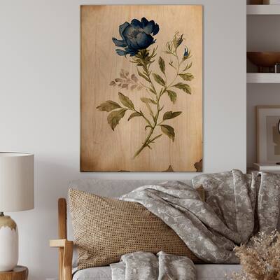 Designart 'Blue Vintage Flower Blooming III' Floral Wood Wall Art - Natural Pine Wood