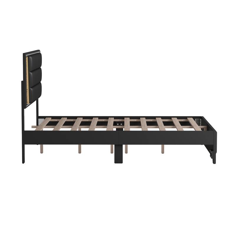 Modern Queen Bed Frame with LED Light Strips and Sparkling Upholstery - White.