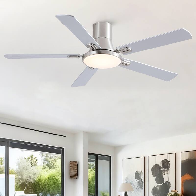 52 inch Mordern Flush Mount Ceiling Fan with Light and Remote Control - Brushed Nickel