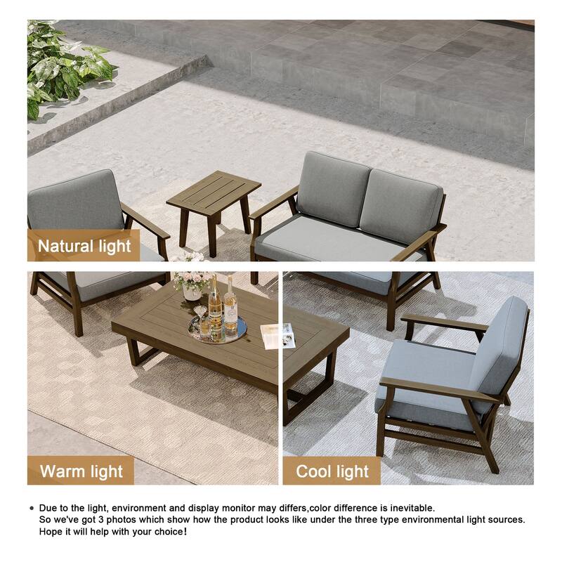 Modern Wood Cushioned Outdoor Patio Sofa Loveseat with Coffee Table