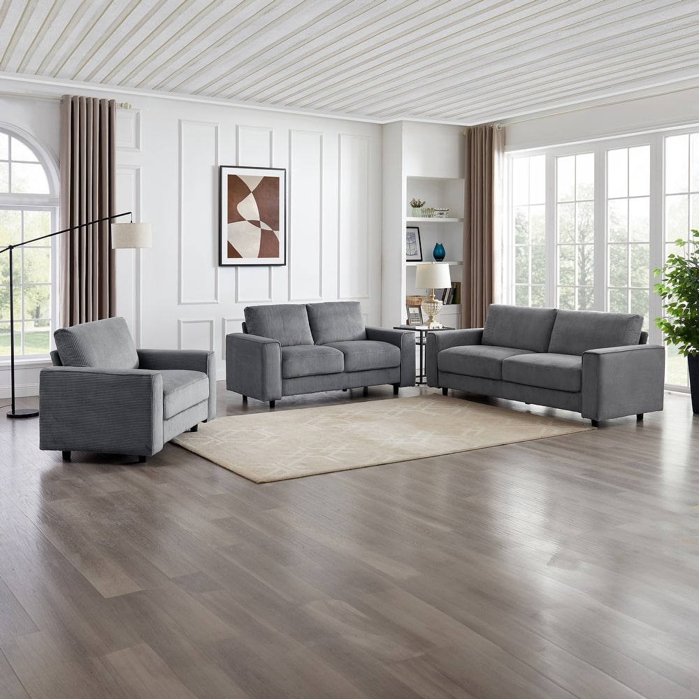 Modern Contemporary Upholstered 3-Piece Corduroy Plush Tufted Sofa Set