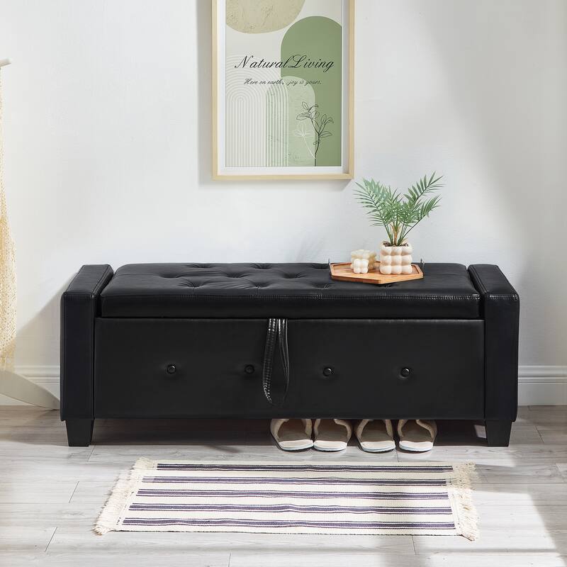 Tufted Faux Leather Storage Ottoman Bench for Bedroom, Living Room & Hallway, 48" Multifunctional Upholstered End of Bed Bench