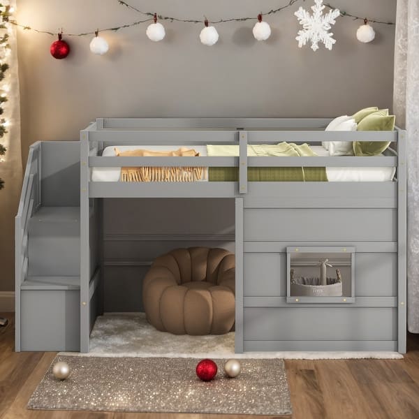 slide 2 of 18, Twin Loft Bed with Storage Staircase & Window, Gray Grey