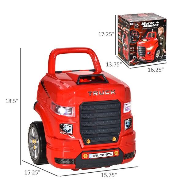 Kids Truck Engine Toy Repair Workshop Set with 61 Pieces, Simulated Sounds, Lights, and DIY Stickers for Ages 3-5 - Red
