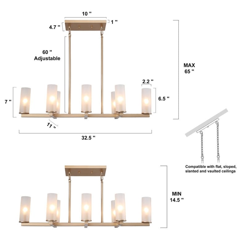 Glitter Modern Gold 8-Light 32.5-in Chandelier Island Lights with Frosted Glass - L32.5"x W11"x H 65"