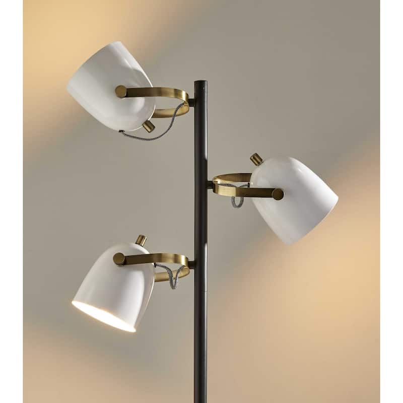 Antique Copper Metal Tree Floor Lamp with 3 White Bell Shades Rotary Switch - 10” x 21” x 64.5” (D x W x H)