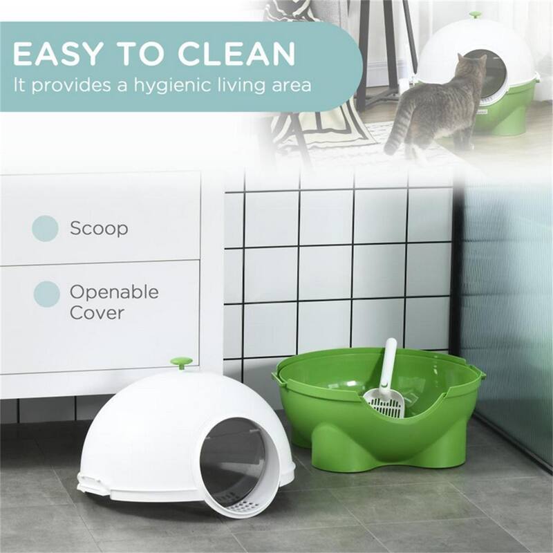 Dark Green and White Enclosed Cat Litter Box with Scoop and Sand Drain Enclosed Privacy
