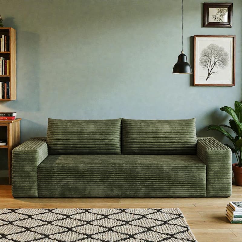 71" Corduroy 3-Seater Sofa, Deep Seat Comfy Couch with Wide Armrests, No-Assembly Soft Fabric Sofa for Living Room - Green