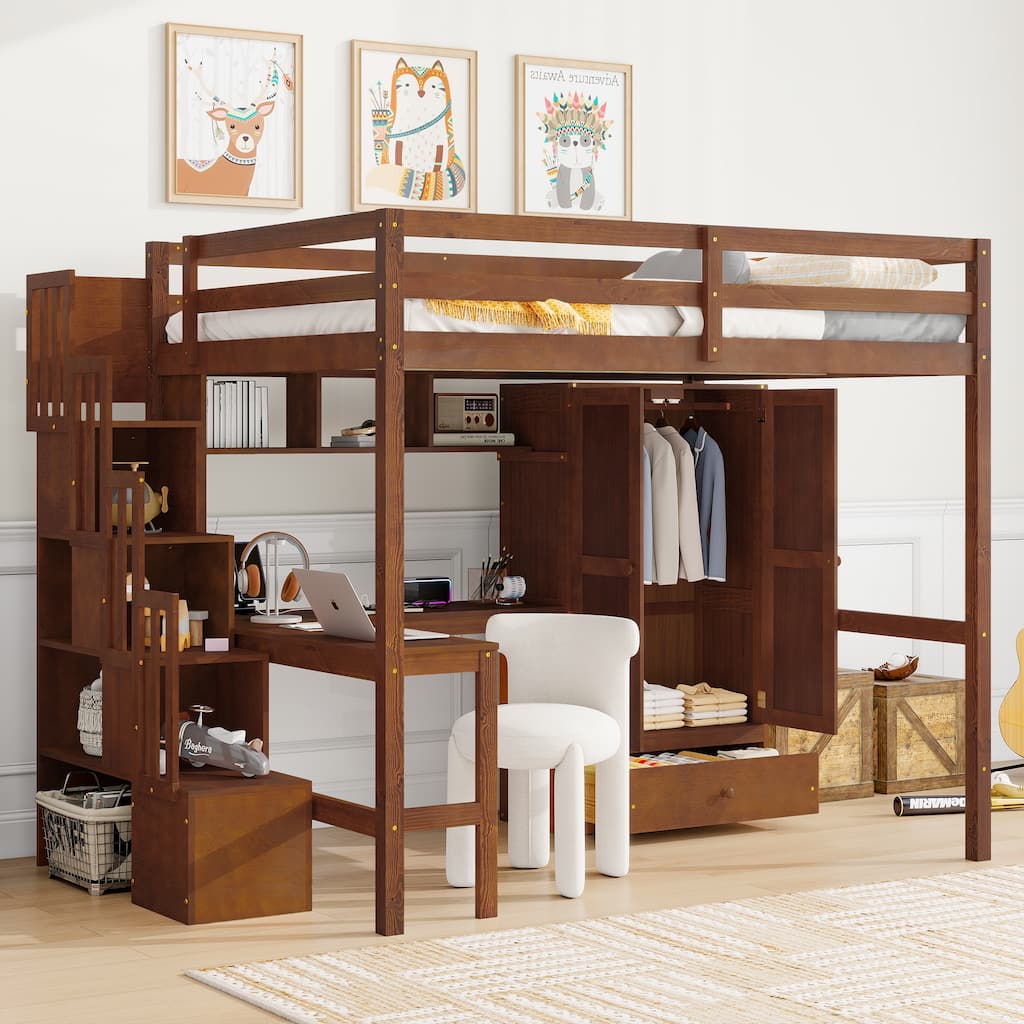 GDFStudio Hugo Vance Loft Bed with Desk, Wardrobe, Staircase Storage, and Built-In Charging Station