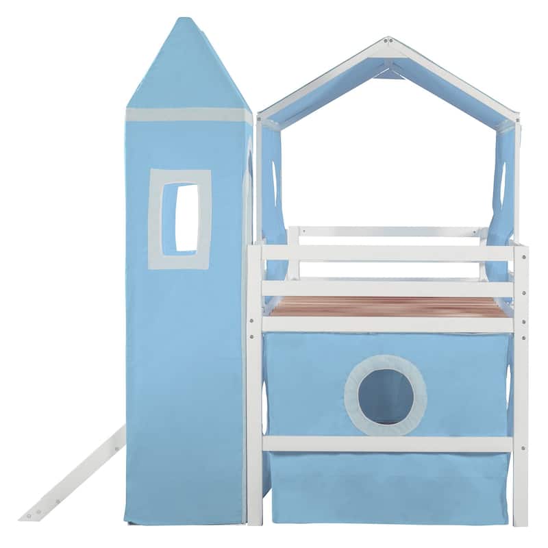 Full/Twin Size Loft Bed with Slide, Pink Tent, Tower, Playhouse Design - Sturdy Solid Wood Construction, Storage Space