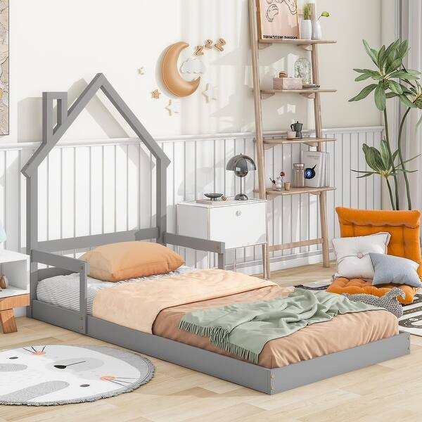 slide 2 of 15, Twin House-Shaped Headboard Floor Bed With Handrails, Slats Grey