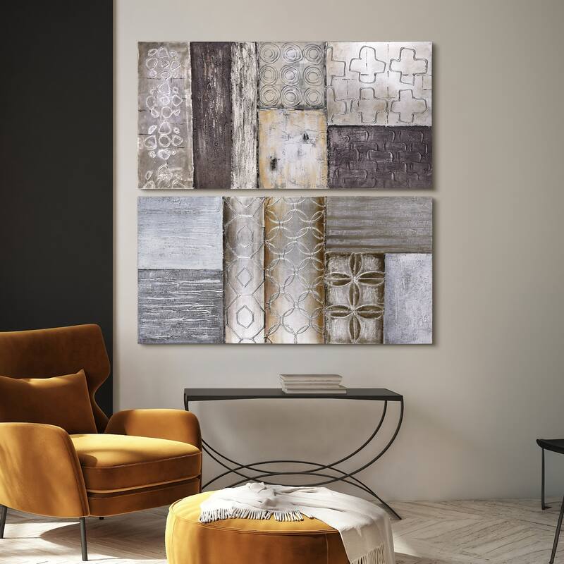 "Stacked" Abstract Textured Metallic Hand Painted Wall Art Set of 2