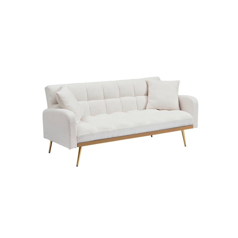 Futon Sleeper Sofa Bed Teddy Fabric Lounge Couch with 3 Speed Adjustable Back, Removable Armrest and Pillows for Small Space