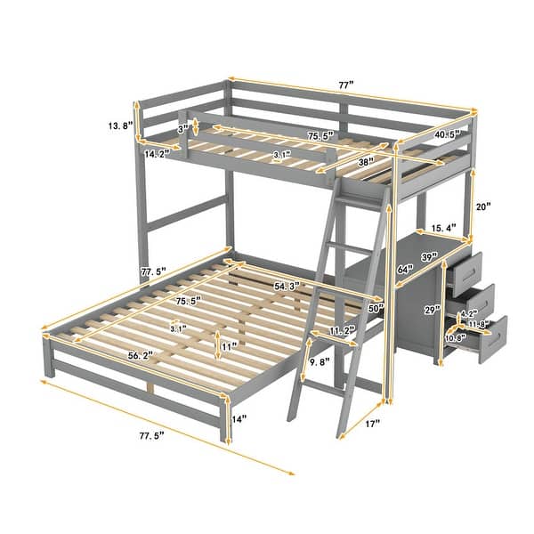 dimension image slide 2 of 3, Twin over Full Bunk Bed with Built-in Desk and Three Drawers,Multifunctional Loft Bunk Bed With Storage