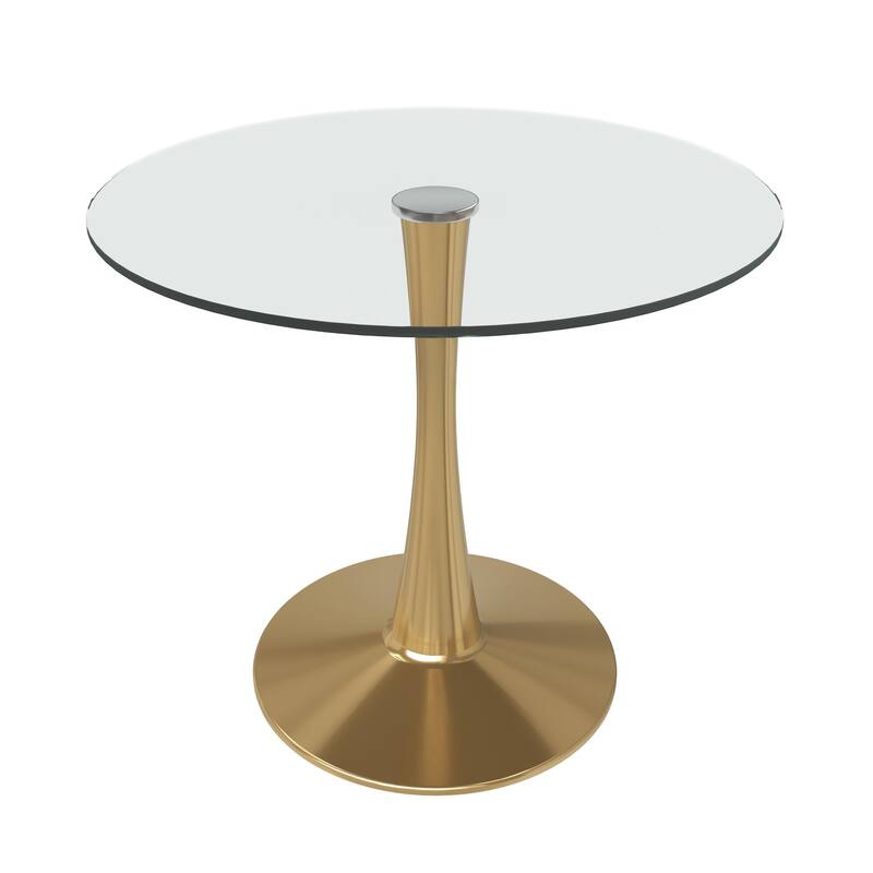 Bristol 31-inch Round Dining Table, Gold Pedestal Base Kitchen Table, Easy-Clean Scratch Resistant Surface, Floor Protectors - Glass - Clear