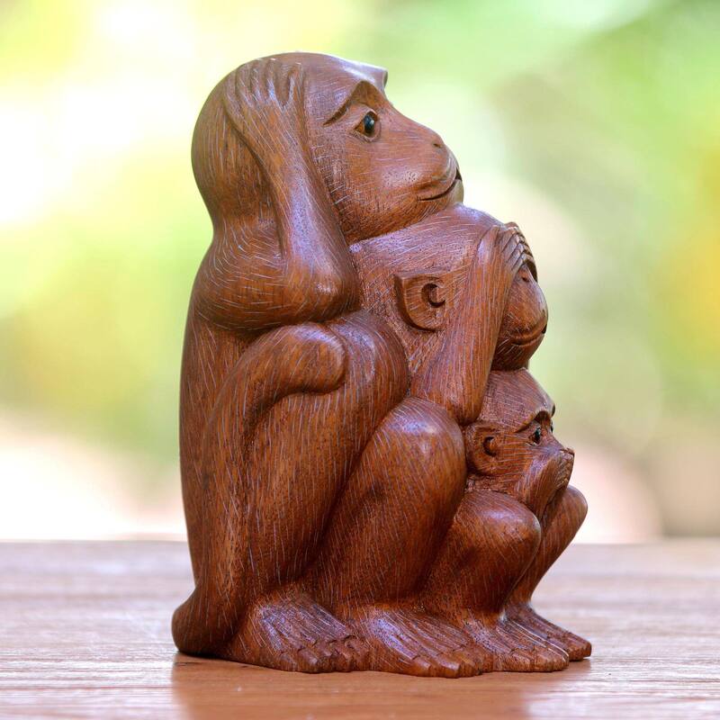 Handmade Three Monkey Sages In Brown Wood Statuette (Indonesia) - 7" H x 3.7" W x 4.9" D