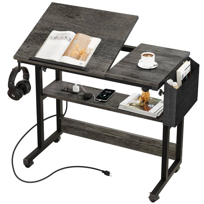 Portable Computer Desk Height Adjustable Laptop Table with Wheels Charging Station - Grey