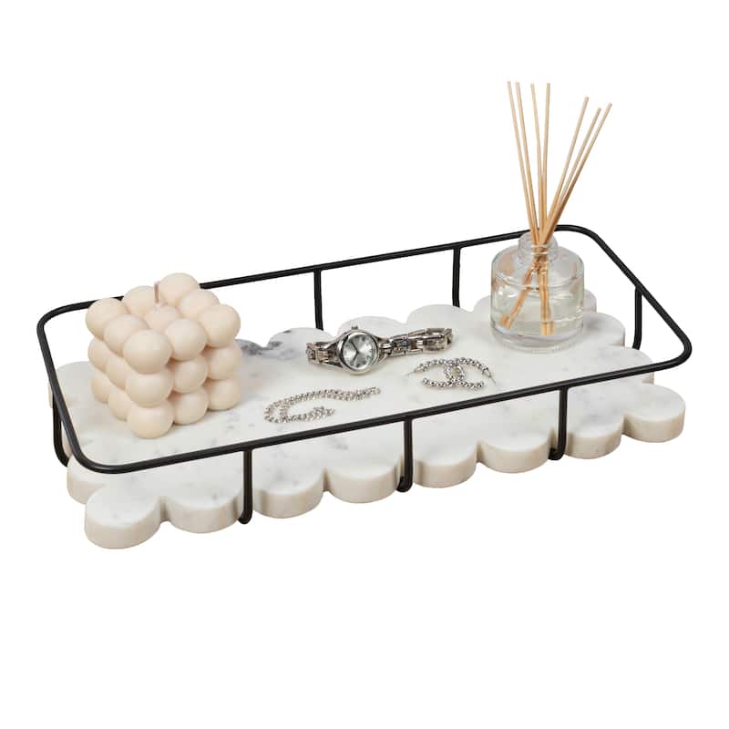 Monarch Modern Industrial Metal/Marble Scalloped Base Vanity Tray - White Marble Black
