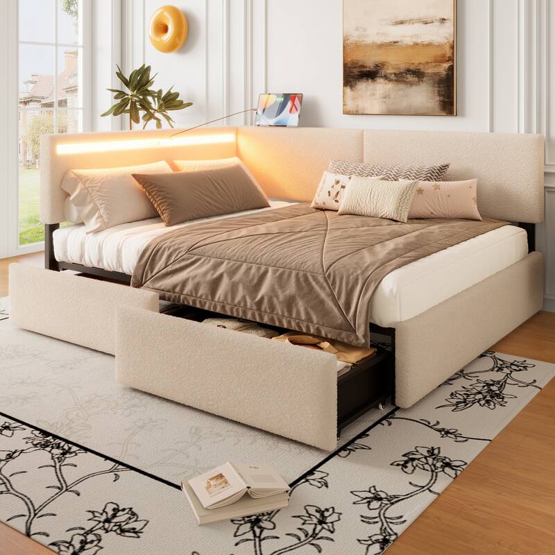 Full/Twin Size Boucle Upholstered Cloud Bed Frame with Headboard, Solid Wood Legs - No Box Spring Needed - Beige - Full