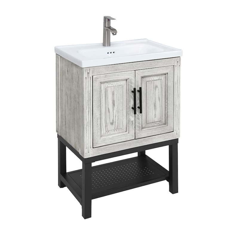 GDFStudio - CompactLine Modern Freestanding Bathroom Vanity with Ceramic Sink and Open Shelf - 24 Inch