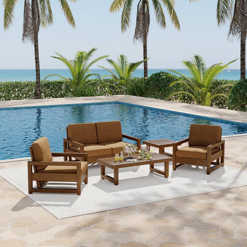 5-Piece Patio Wood Conversation Set with Loveseat, Chairs and Tables