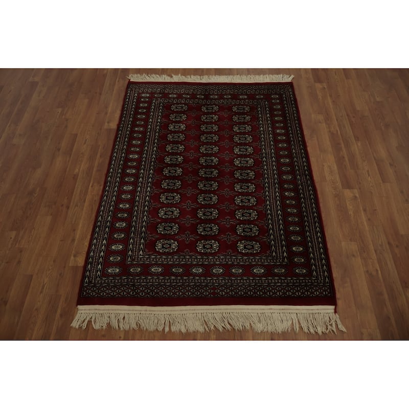 Hand Knotted Oriental 100% Wool Carpet Traditional Geometric Red Bokhara Area Rug - 5' 8'' X 4' 1''